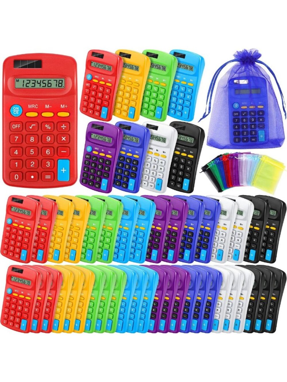 48-Piece Pocket Calculators Set with Drawstring Bags, 8 Colors, 8-Digit Display